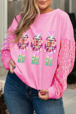Pink Christmas Nutcracker Sequin Sleeve Patchwork Graphic Plus Size Sweatshirt
