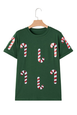 Green Christmas Candy Cane Round Neck T Shirt