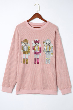 Pink Christmas Nutcracker Pattern Ribbed Oversized Sweatshirt