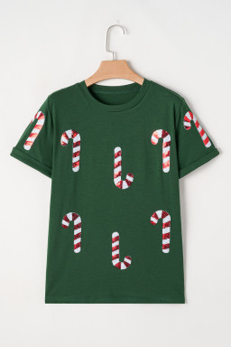 Green Christmas Candy Cane Round Neck T Shirt