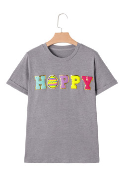 Gray Easter Egg HAPPY Chenille Letter Graphic T Shirt