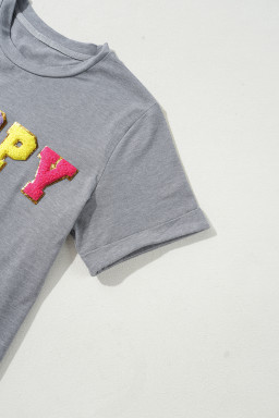 Gray Easter Egg HAPPY Chenille Letter Graphic T Shirt