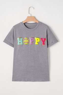 Gray Easter Egg HAPPY Chenille Letter Graphic T Shirt
