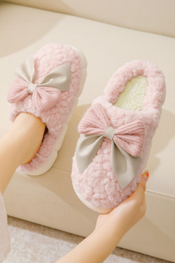Pink Contrast Bowknot Applique Plush Winter Slippers (Colors May Differ by Batch)