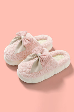 Pink Contrast Bowknot Applique Plush Winter Slippers (Colors May Differ by Batch)