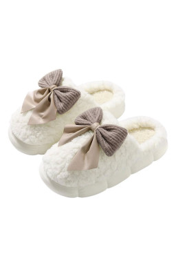 White Contrast Bowknot Applique Plush Winter Slippers (Colors May Differ by Batch)