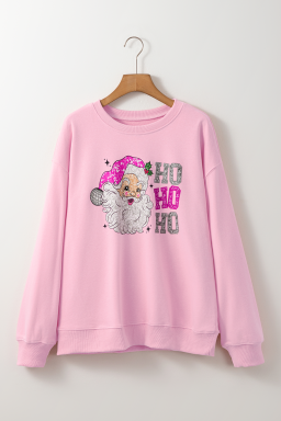 Pink Santa Clause HO HO HO Christmas Heat Transfer Printing Graphic Sweatshirt