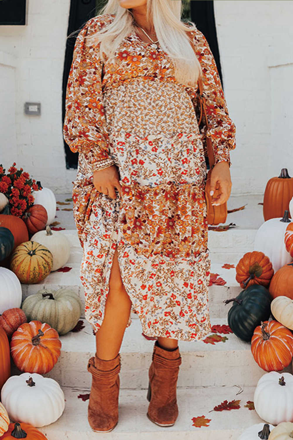 Vestit floral de cintura alta amb volants de talla gran caqui