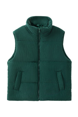 Jungle Green Solid Color Corduroy Puffer Vest Coat