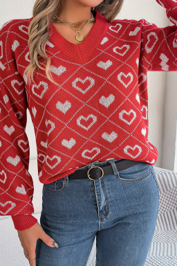 Racing Red Heart Print Lantern Sleeve Sweater