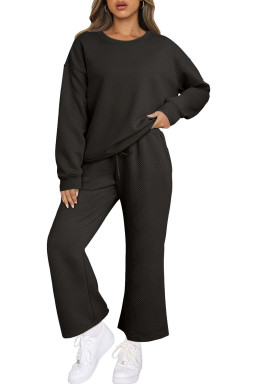 Black Textured Loose Slouchy Long Sleeve Top and Pants Set