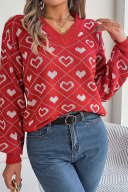 Racing Red Heart Print Lantern Sleeve Sweater