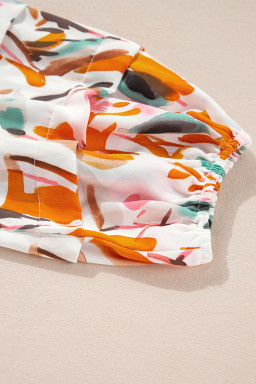 Yellow Abstract Print Drawstring Frill V Neck 3/4 Sleeve Blouse