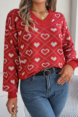 Racing Red Heart Print Lantern Sleeve Sweater