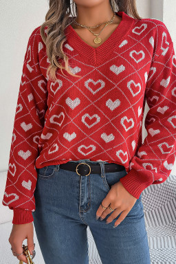 Racing Red Heart Print Lantern Sleeve Sweater