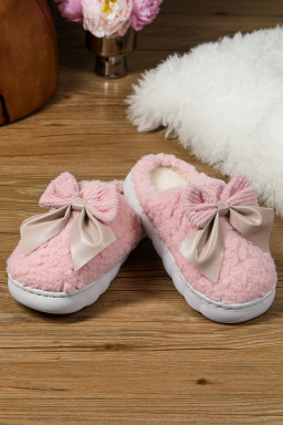 Pink Contrast Bowknot Applique Plush Winter Slippers (Colors May Differ by Batch)