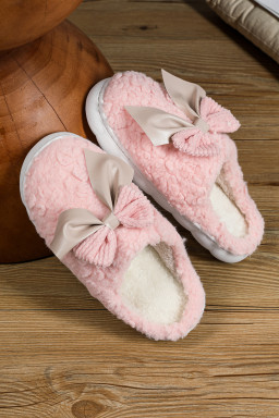 Pink Contrast Bowknot Applique Plush Winter Slippers (Colors May Differ by Batch)