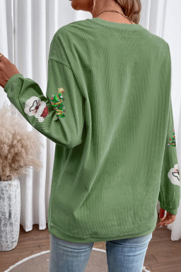 Grass Green Sequin Santa Clause Christmas Tree Patchwork Corded Sweatshirt