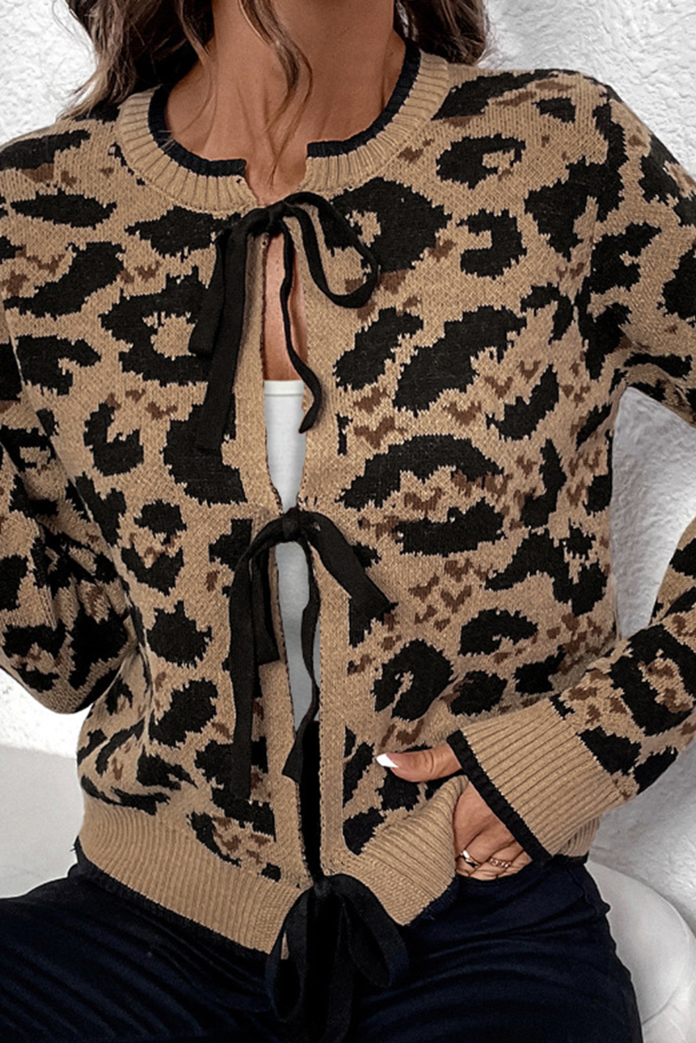 Leopard Print Long Knit Cardigan with Belt main image 0