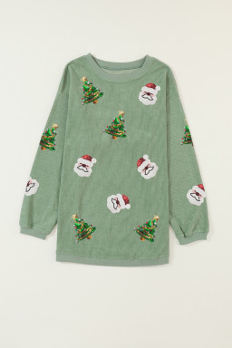 Grass Green Sequin Santa Clause Christmas Tree Patchwork Corded Sweatshirt