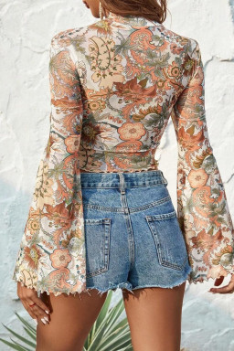Multicolour Boho Floral Mock Neck Mesh Blouse