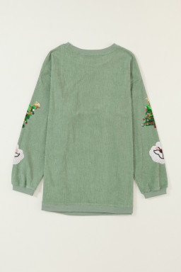 Grass Green Sequin Santa Clause Christmas Tree Patchwork Corded Sweatshirt