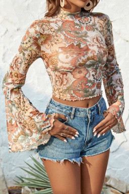 Multicolour Boho Floral Mock Neck Mesh Blouse