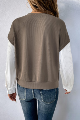 Brown Striped Long Sleeve Fake Two Piece Top