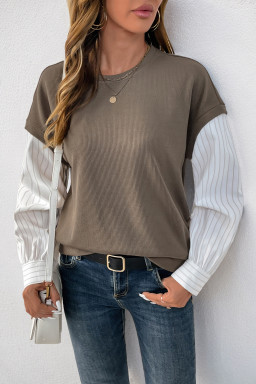 Brown Striped Long Sleeve Fake Two Piece Top