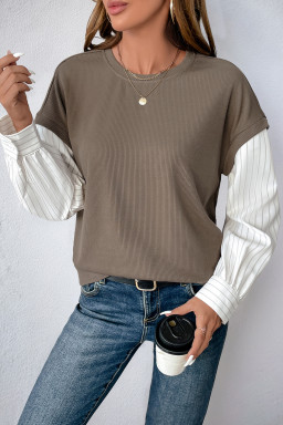 Brown Striped Long Sleeve Fake Two Piece Top