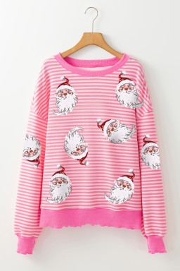Pink Stripe Sequined Santa Claus Graphic Christmas Long Sleeve Top
