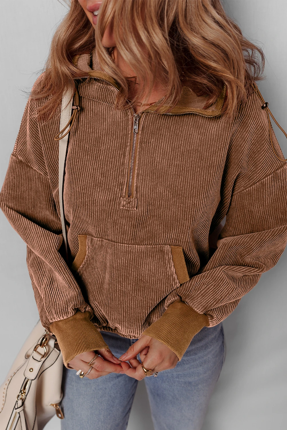 Quarter Snap Drawstring Hoodie with Kangaroo Pocket