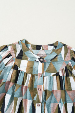 Green Geometric Print Button Balloon Sleeve Loose Fit Shirt