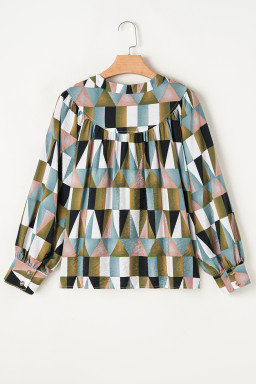 Green Geometric Print Button Balloon Sleeve Loose Fit Shirt