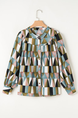 Green Geometric Print Button Balloon Sleeve Loose Fit Shirt