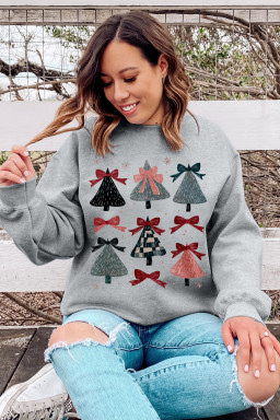 Gray Christmas Tree Bow Knot Print Drop Shoulder Sweatshirt