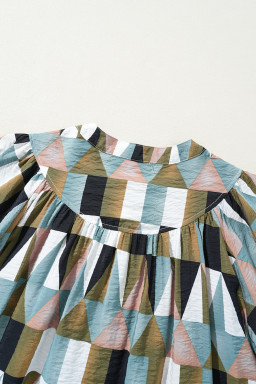 Green Geometric Print Button Balloon Sleeve Loose Fit Shirt