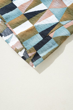 Green Geometric Print Button Balloon Sleeve Loose Fit Shirt