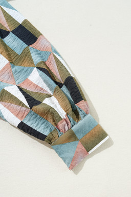 Green Geometric Print Button Balloon Sleeve Loose Fit Shirt