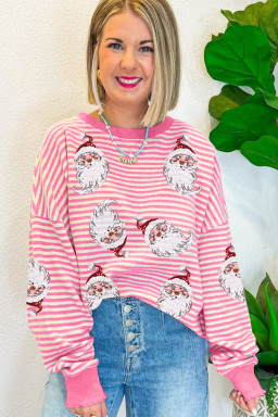Pink Stripe Sequined Santa Claus Graphic Christmas Long Sleeve Top
