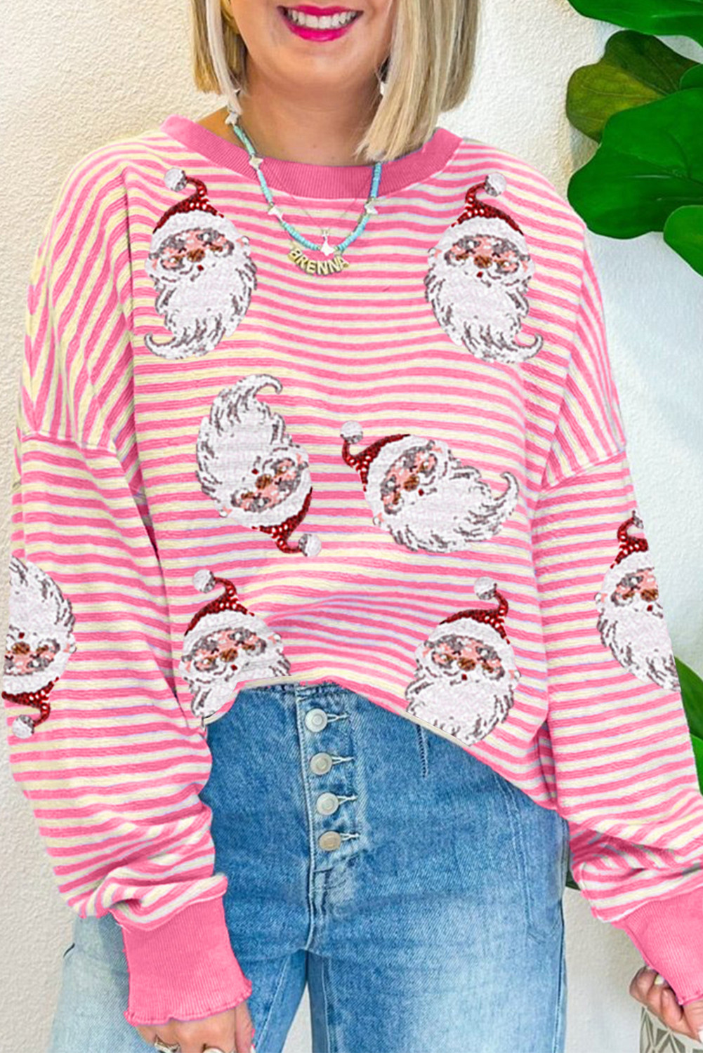 Pink Stripe Sequined Santa Claus Graphic Christmas Long Sleeve Top