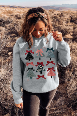 Gray Christmas Tree Bow Knot Print Drop Shoulder Sweatshirt