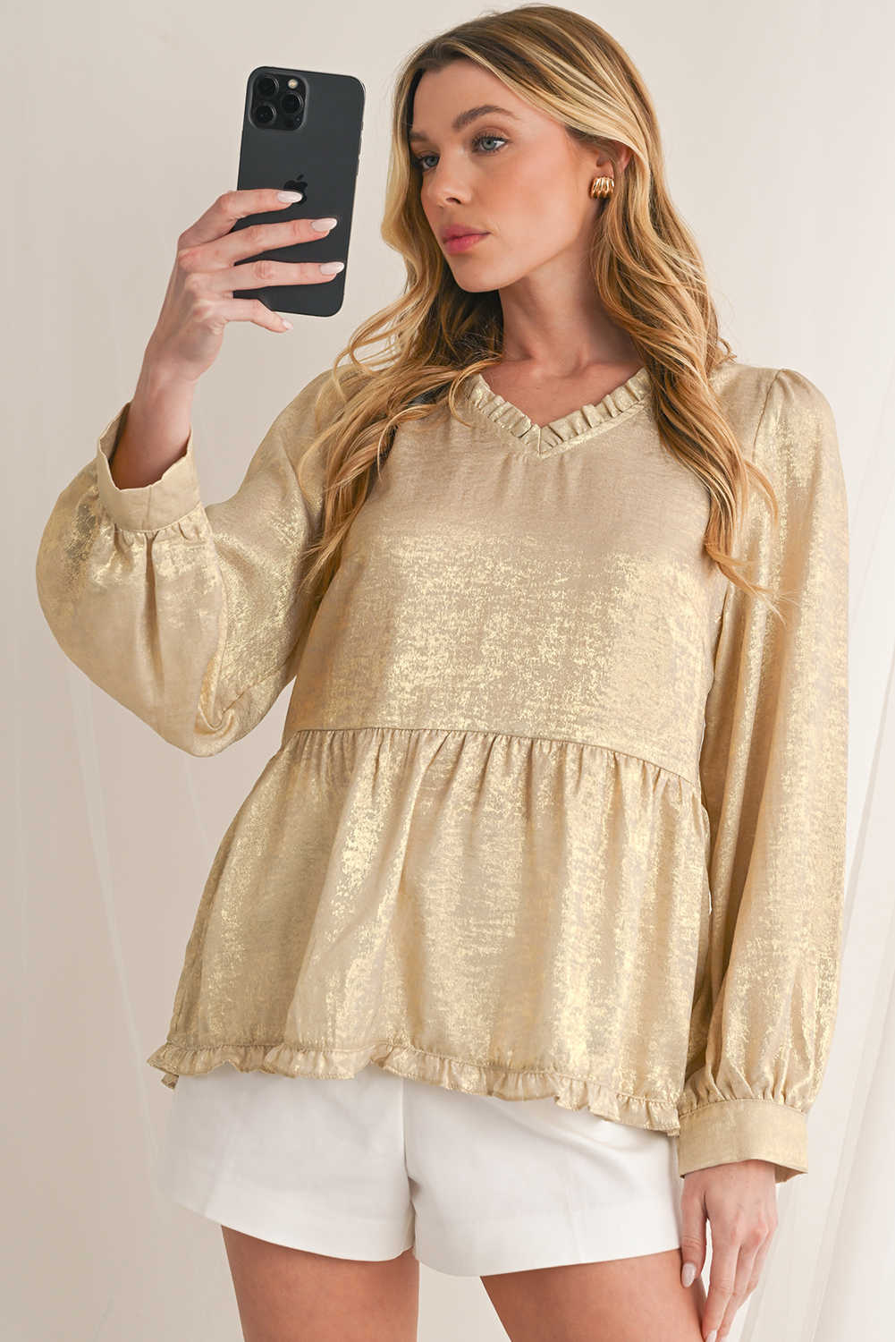 Gold Metallic Velvet Frill V Neck Puff Sleeve Babydoll Blouse
