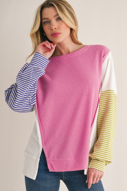 Sachet Pink Waffle Patchwork Striped Sleeve Top