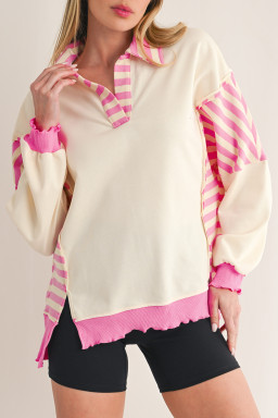 Pink Stripe Colorblock Collared French Terry Top