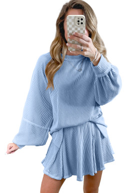 Sky Blue Corded Lantern Sleeve Top High Waist Ruffled Mini Skort Set