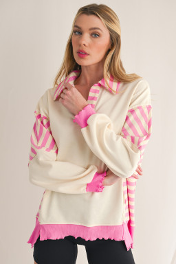 Pink Stripe Colorblock Collared French Terry Top
