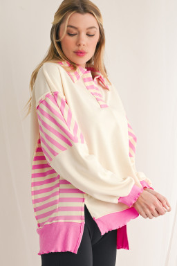 Pink Stripe Colorblock Collared French Terry Top