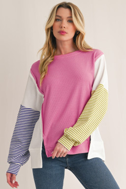 Sachet Pink Waffle Patchwork Striped Sleeve Top