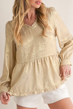 Gold Metallic Velvet Frill V Neck Puff Sleeve Babydoll Blouse